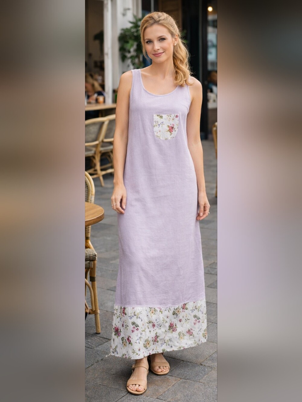 Nina Piccalino Organic Cotton/Linen Floral Pocket Maxi Dress Lilac/Lavender 14